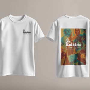 T-shirt blanc Kaléido Sonores recto logo poitrine, verso visuel artistes musiques du monde sérigraphié